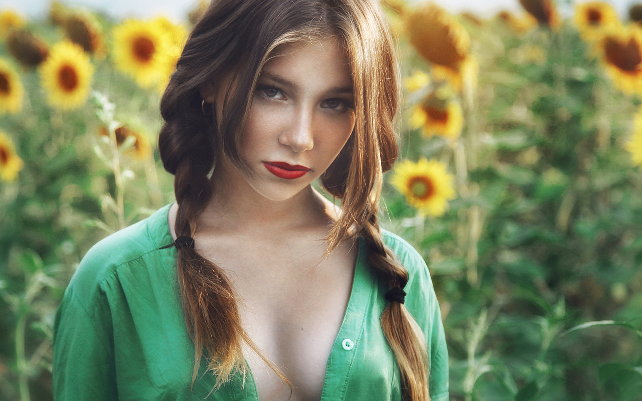 women, face, red lipstick, portrait, pigtails, depth of field, women outdoors, sunflowers, 