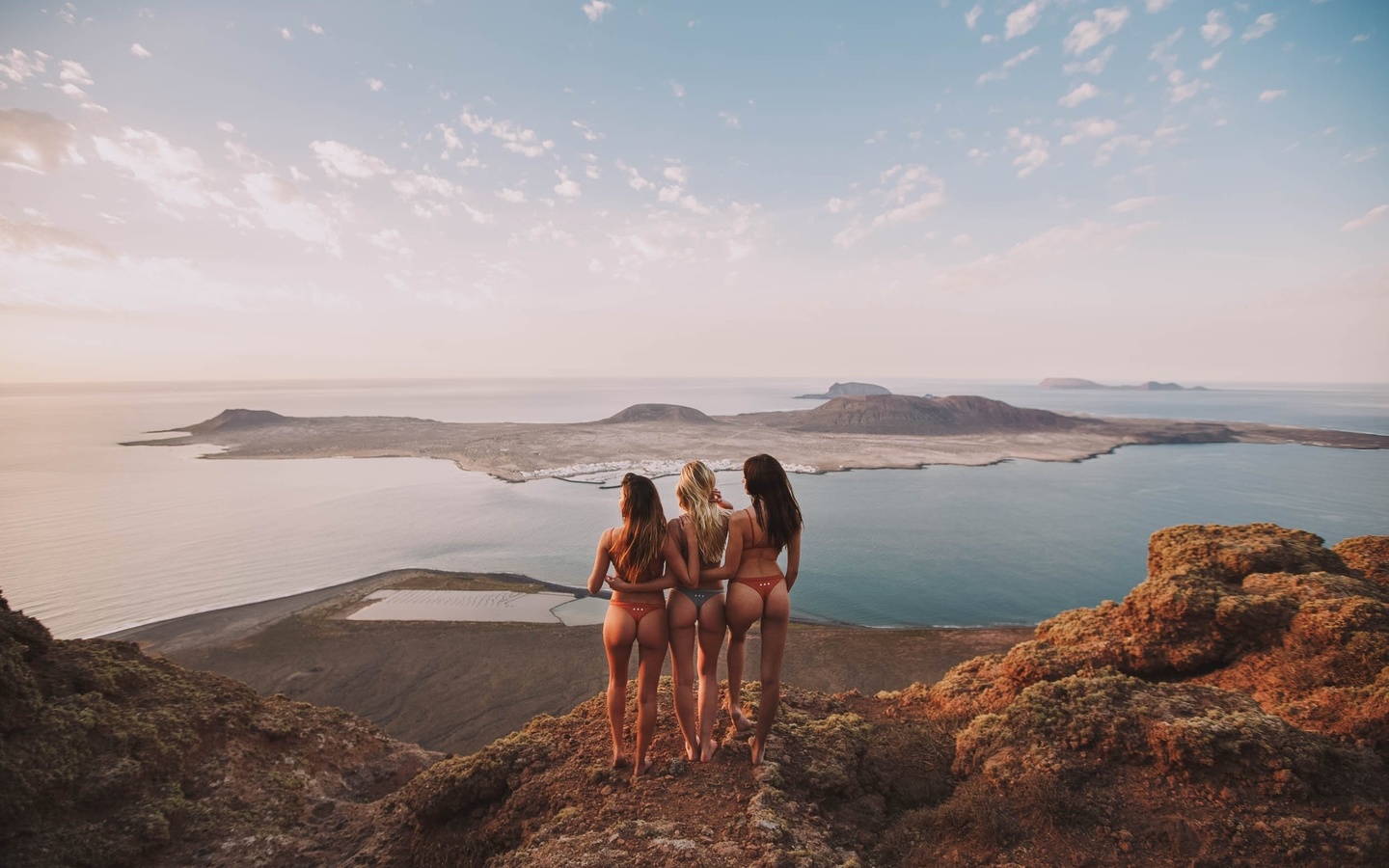 women, back, ass, sea, red bikinis, bikini, island, sky, blonde, group of women, nature, tanned