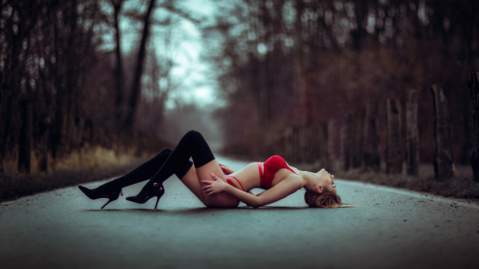 women, road, brunette, trees, ass, red lingerie, blonde, closed eyes, high heels, black stockings, women outdoors, arched back, lying on back, belly, depth of field