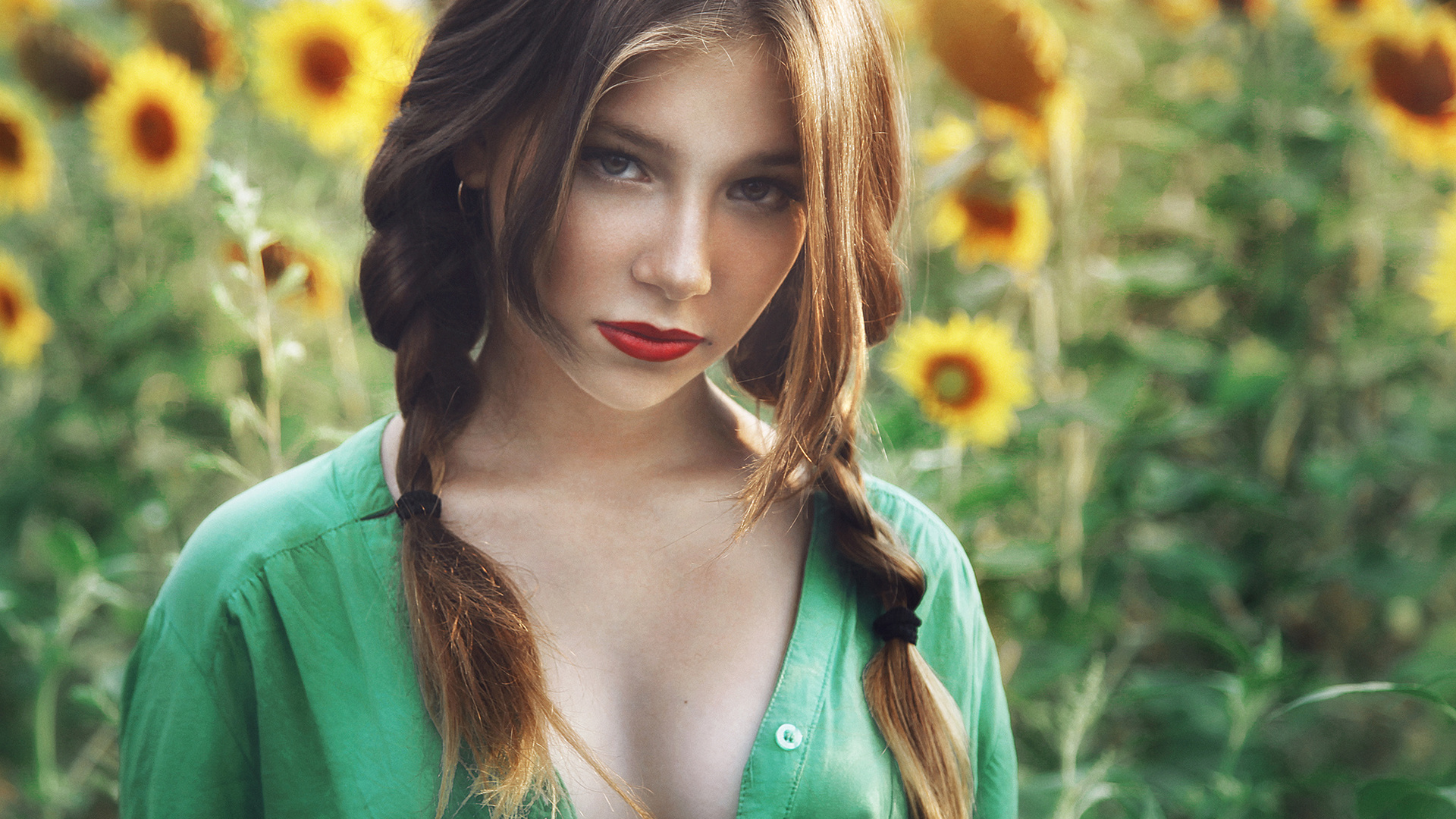 women, face, red lipstick, portrait, pigtails, depth of field, women outdoors, sunflowers, 