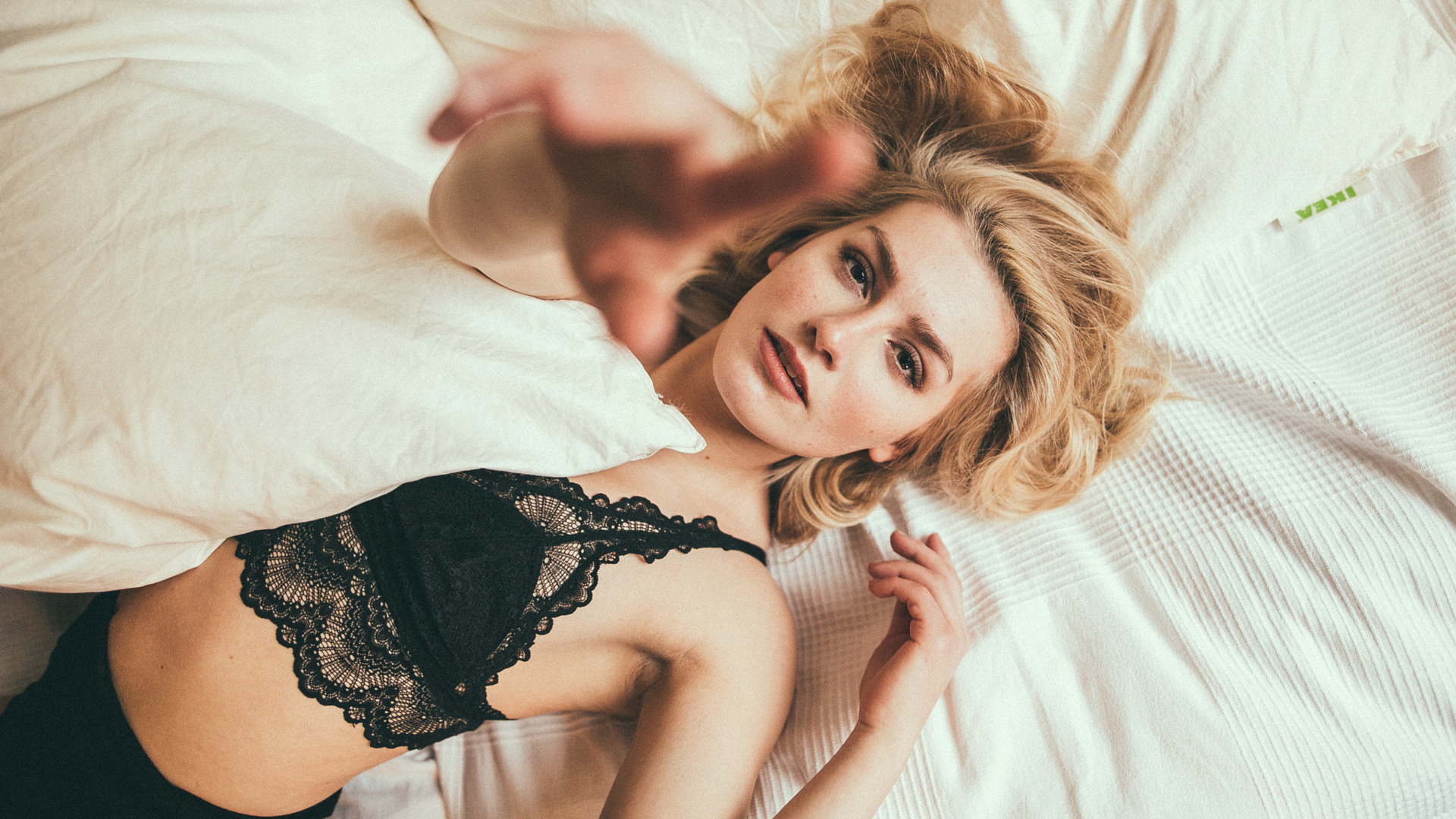 women, blonde, top view, brunette, in bed, lying on back, black lingerie, portrait