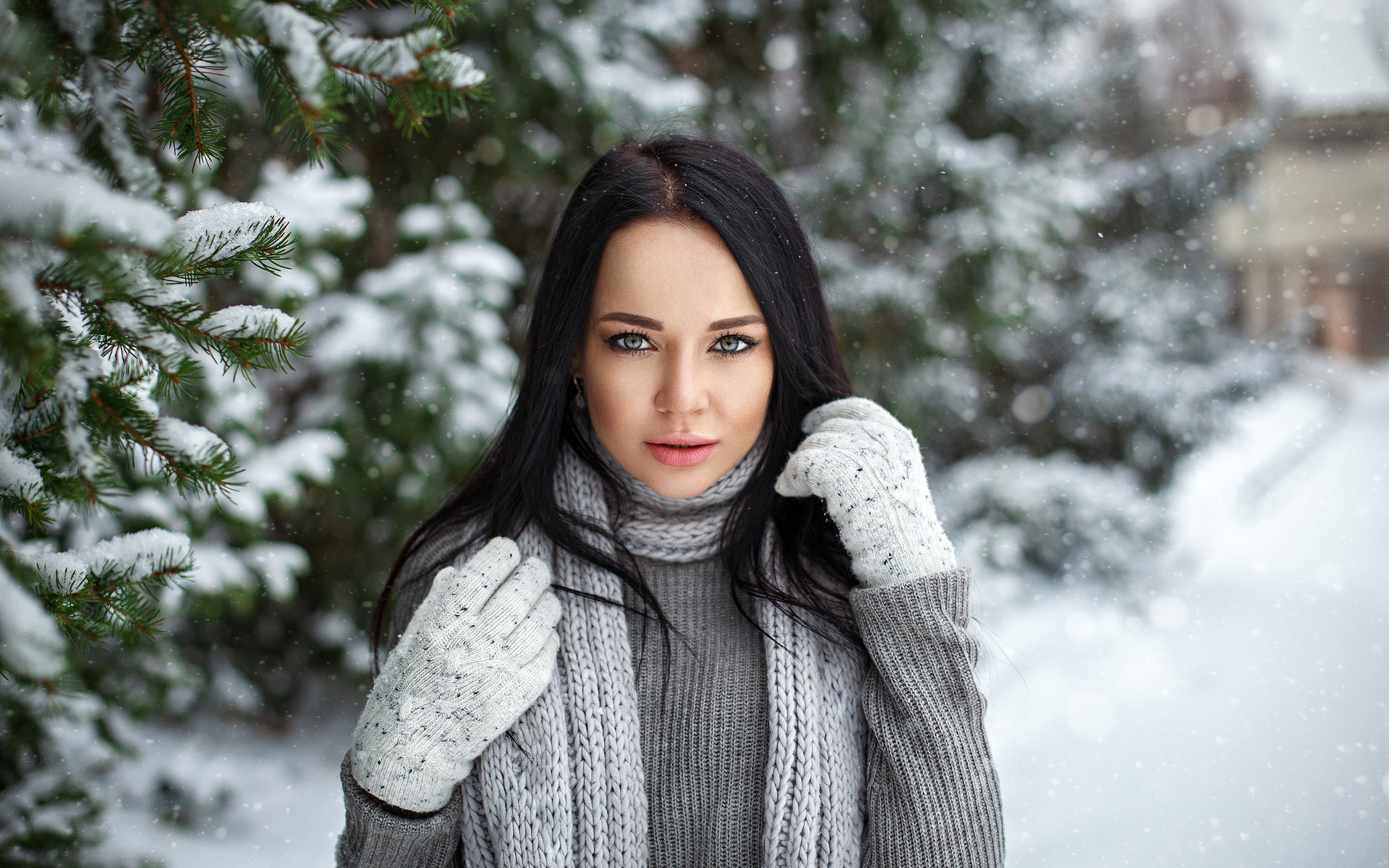 angelina petrova, women, model, gloves, snow, depth of field, black hair, sweater, women outdoors, portrait