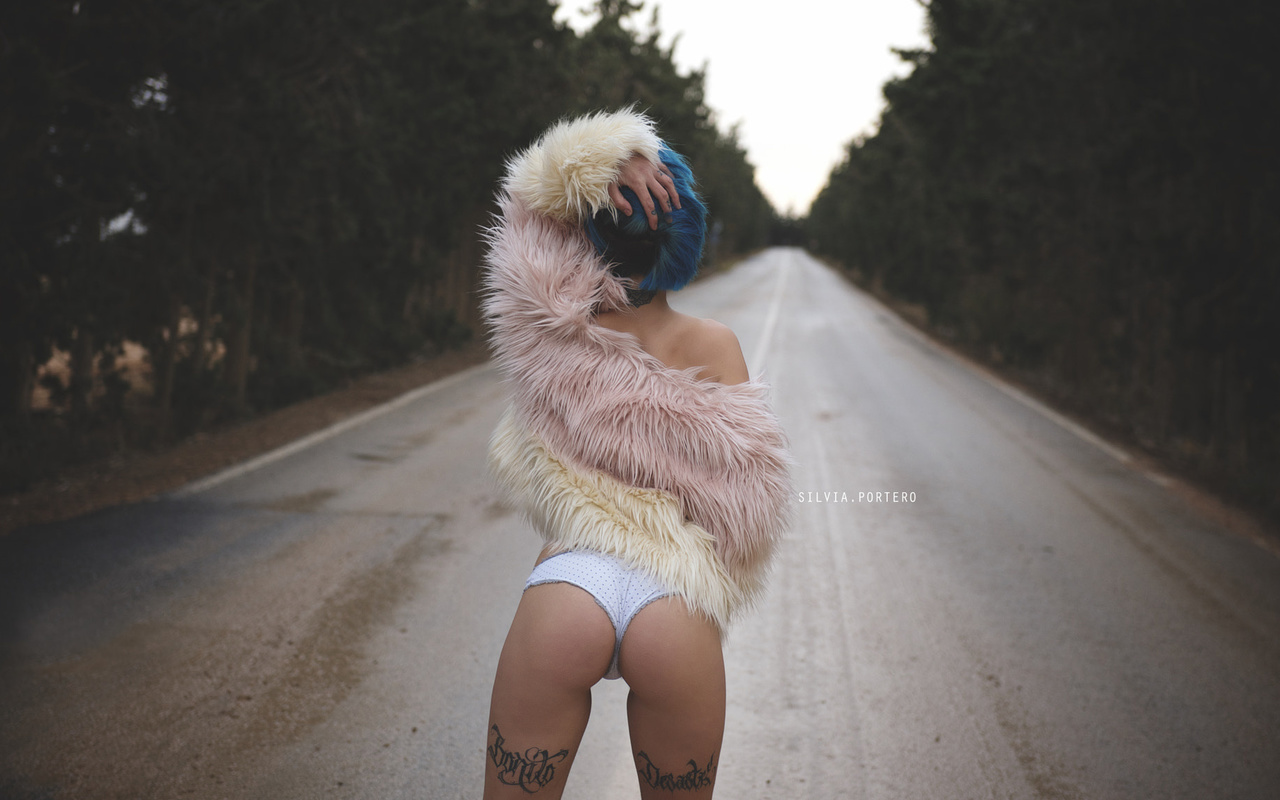 women, fur, road, tattoo, back, white panties, depth of field, women outdoors, brunette, blue hair, dyed hair, ass