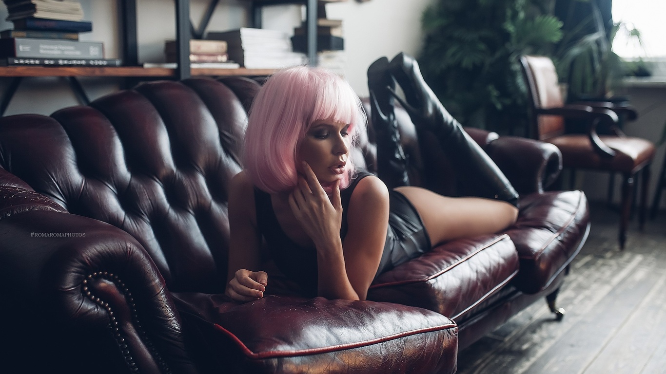 women, wigs, pink hair, monokinis, tanned, knee-high boots, couch, ass, lying on front, plants, books
