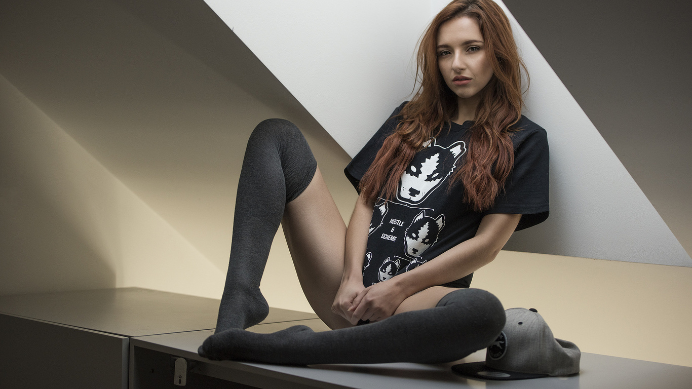 women, sophia blake, jack russell, t-shirt, black stockings, baseball caps, strategic covering, sitting, redhead