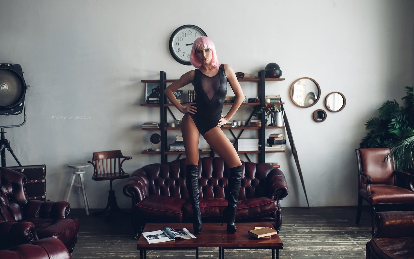 women, wigs, pink hair, monokinis, tanned, knee-high boots, couch, hands on hips