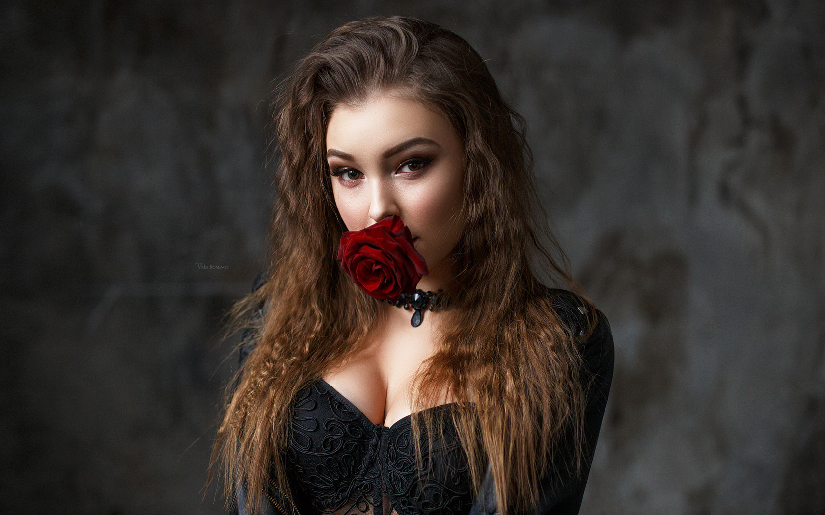 women, maksim romanov, rose, portrait, choker, face