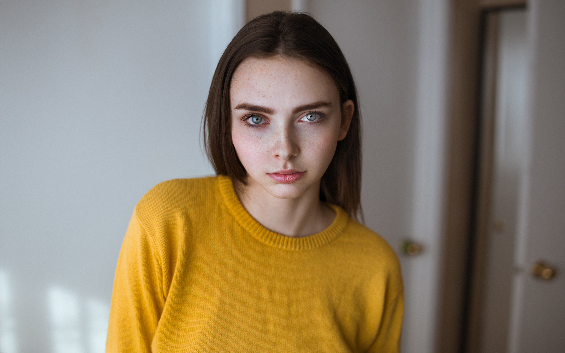 women, face, portrait, freckles, yellow clothing