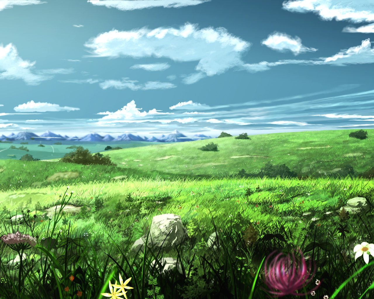 flowers, soyokaze, the sky, art, meadow, painting, landscape, ,,,,,,,,,, ,,