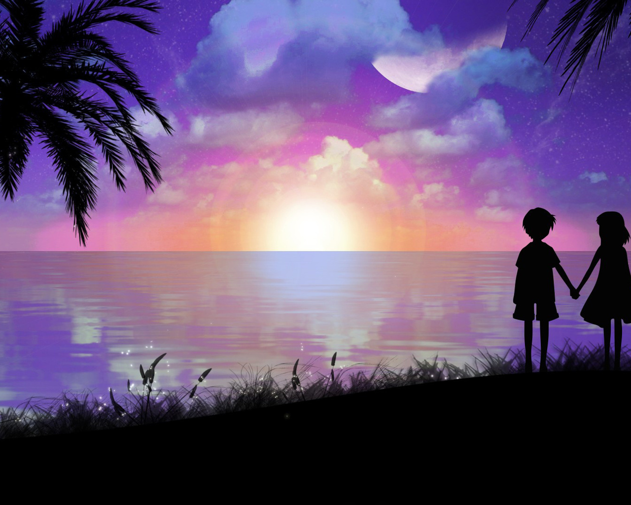 girl, palm trees, boy, art, toyboj, shore, sea, silhouettes, the evening, landscape