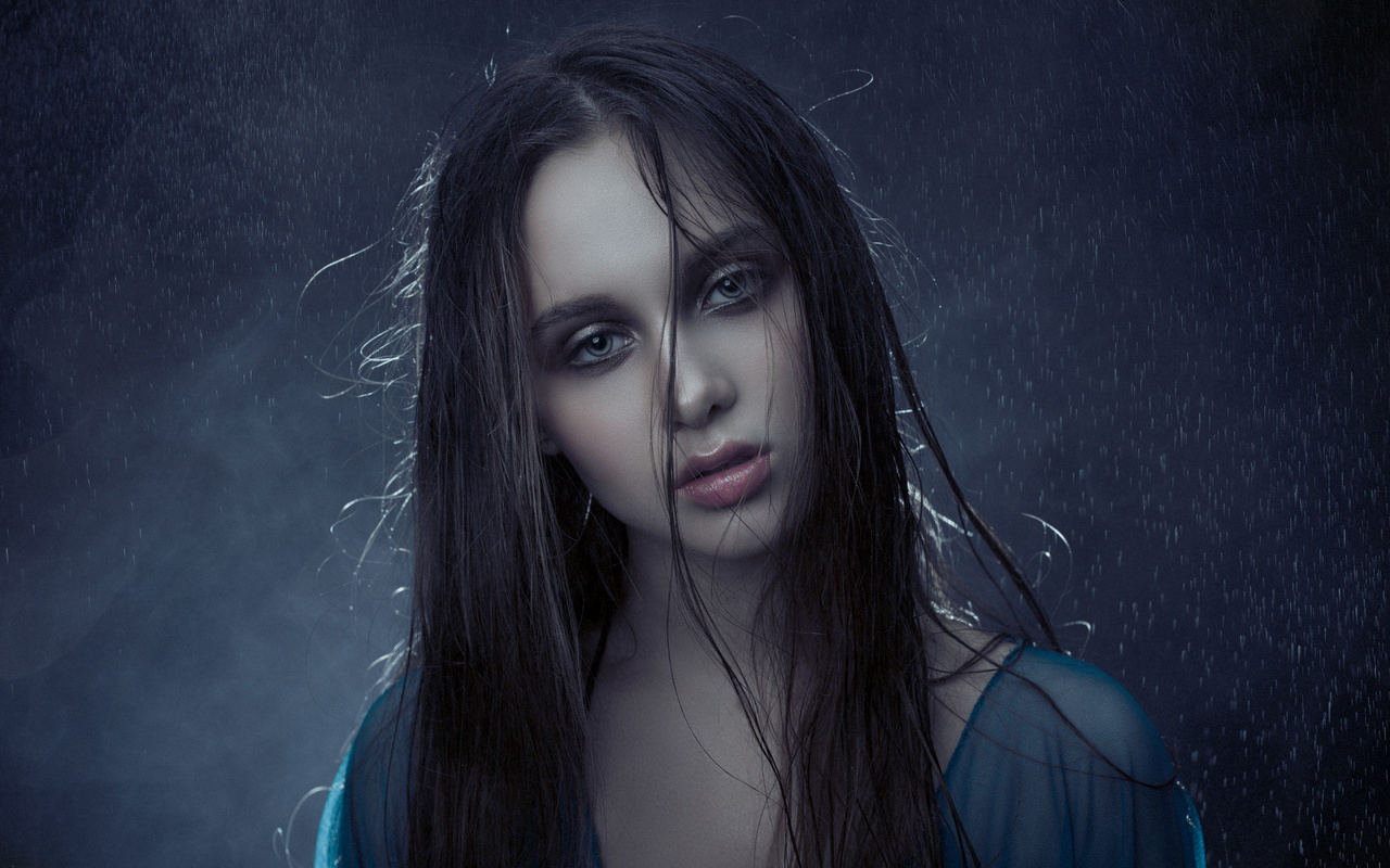 women, face, portrait, rain, water, blue background