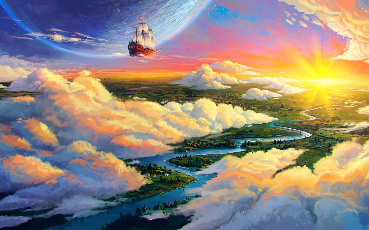 earth, ship, art, landscape, planet, river, clouds