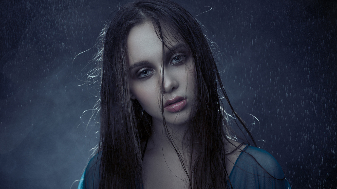women, face, portrait, rain, water, blue background
