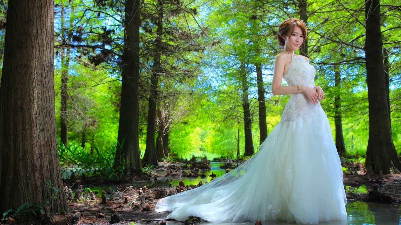the bride, water, girl, dress, trees, forest, asian
