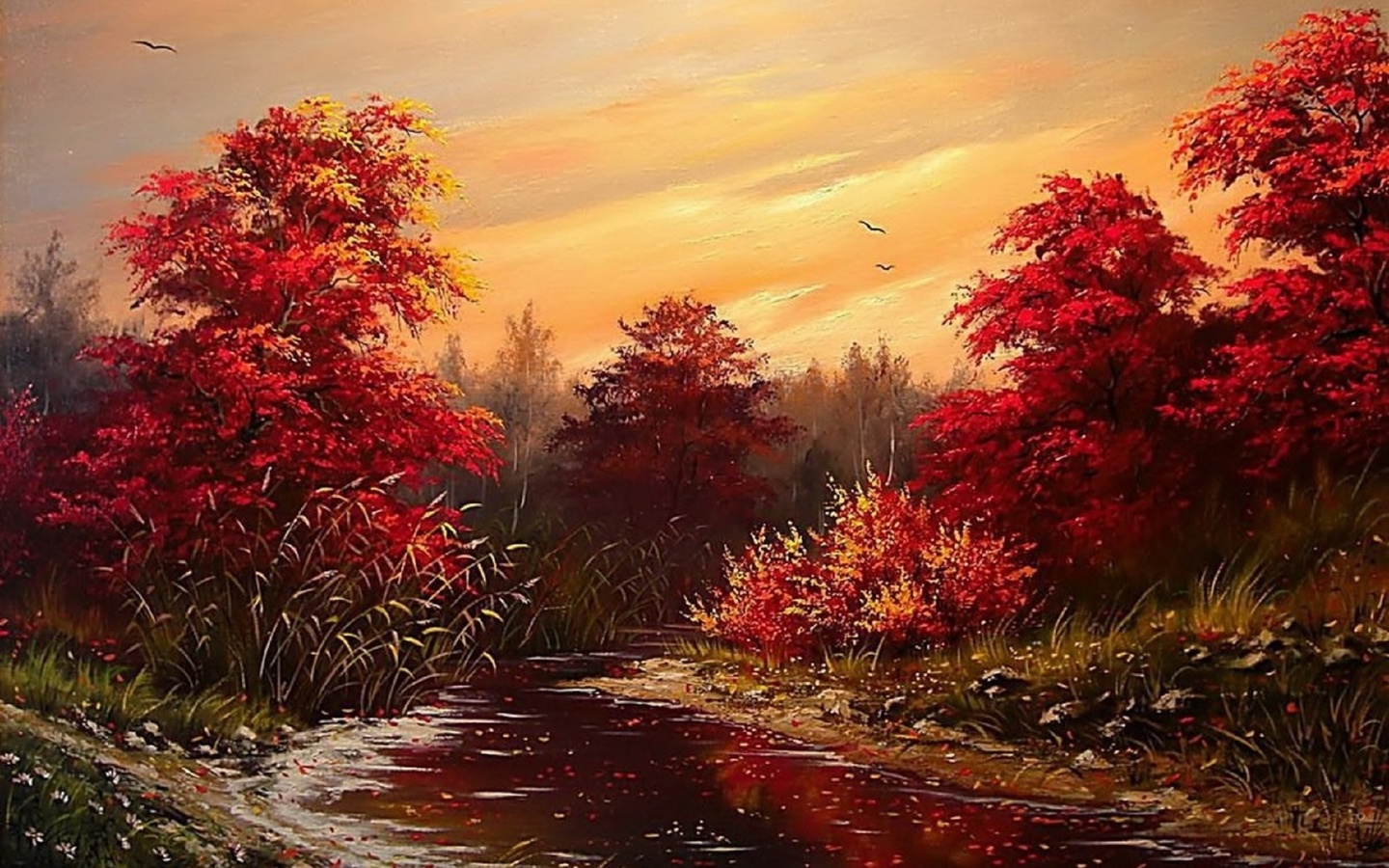 picture, khodukov, paint, trees, shore, painting, wallpaper, birds, foliage, river, water, the sky, autumn, landscape
