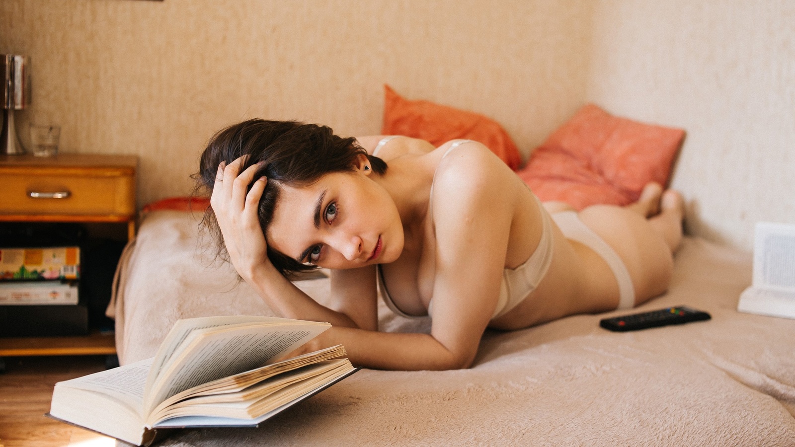 women, brunette, books, in bed, lying on front, lingerie, ass