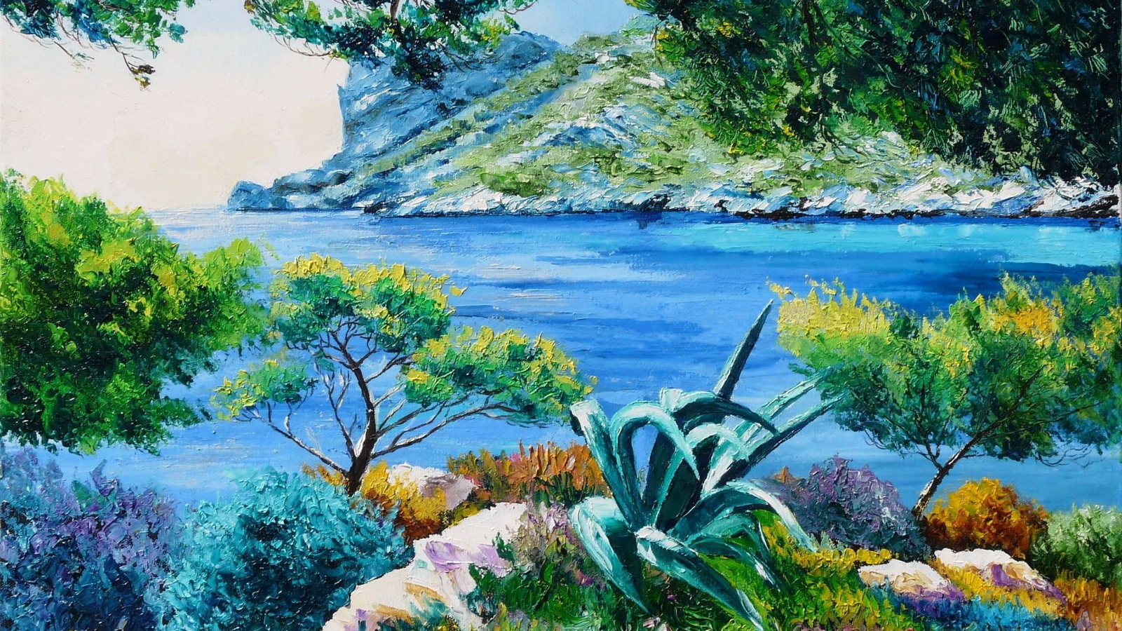 picture, jean-marc janiaczyk, art, trees, shore, islands, sea, laguna, landscape, branches, stones