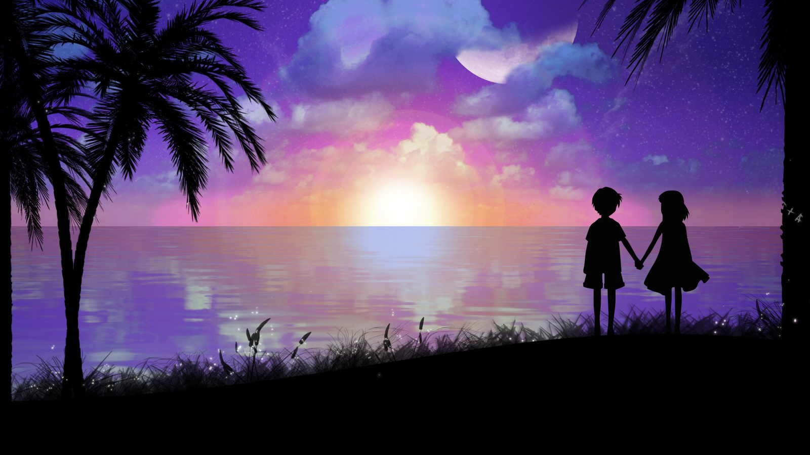 girl, palm trees, boy, art, toyboj, shore, sea, silhouettes, the evening, landscape