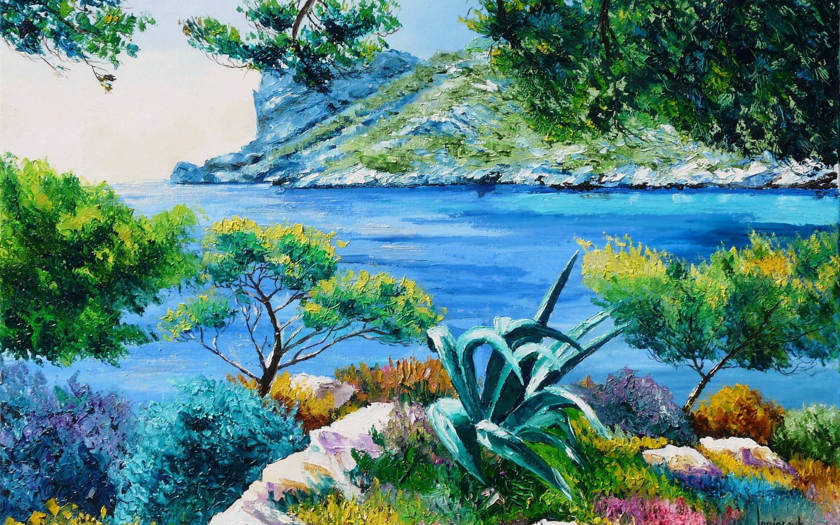 picture, jean-marc janiaczyk, art, trees, shore, islands, sea, laguna, landscape, branches, stones