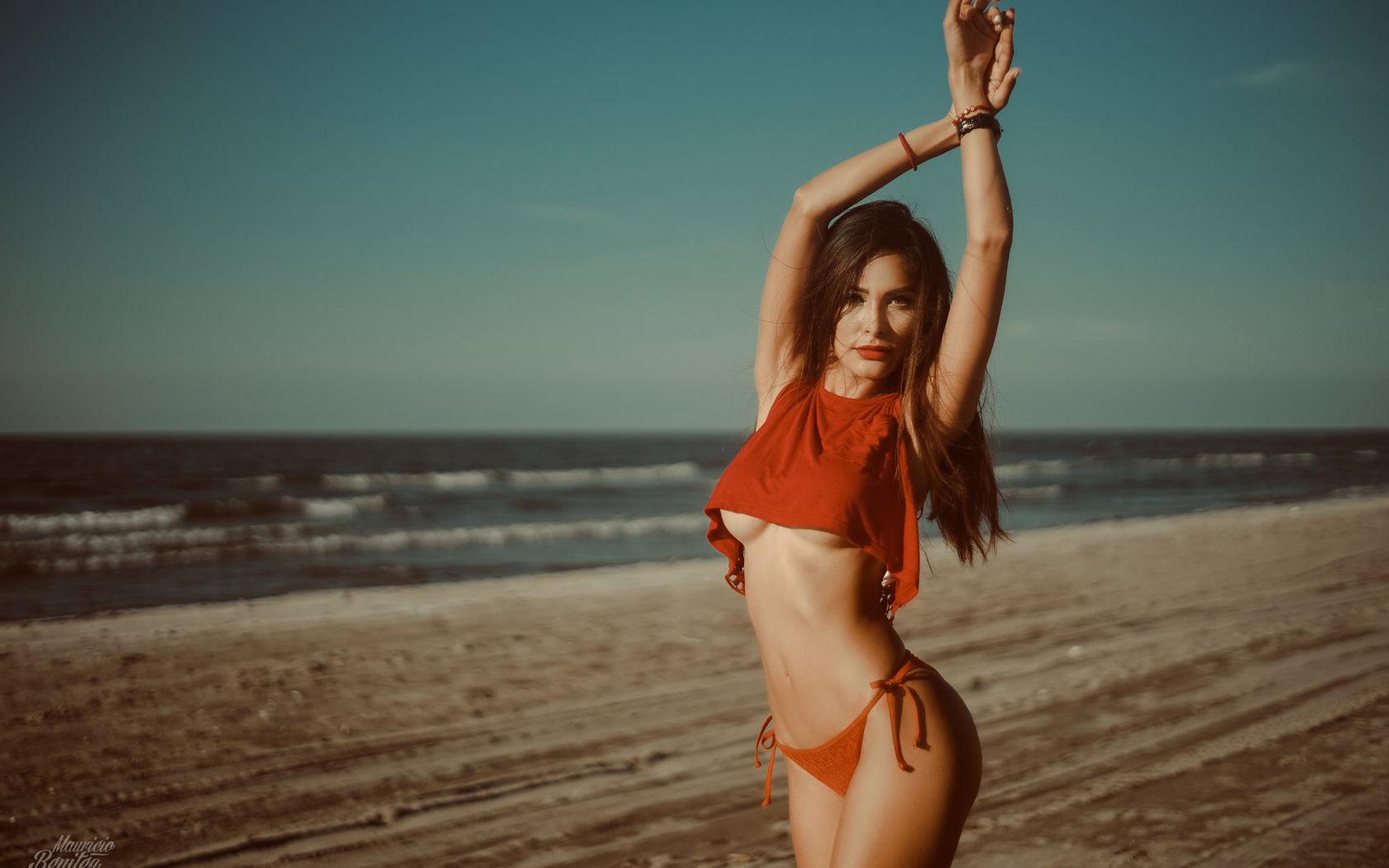 women, sea, beach, sand, women outdoors, belly, arms up, underboob, boobs, white nails, swimwear, red bikini, red lipstick