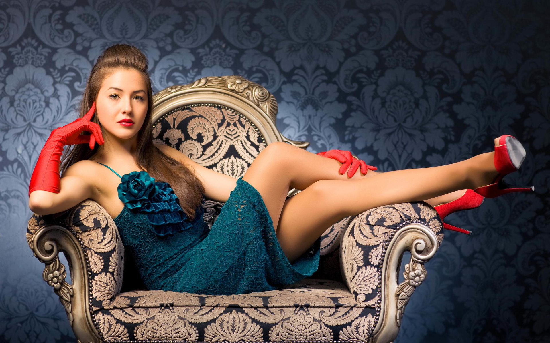 pose, look, face, hair, makeup, girl, red gloves, chair, heels, dress, red shoes, 