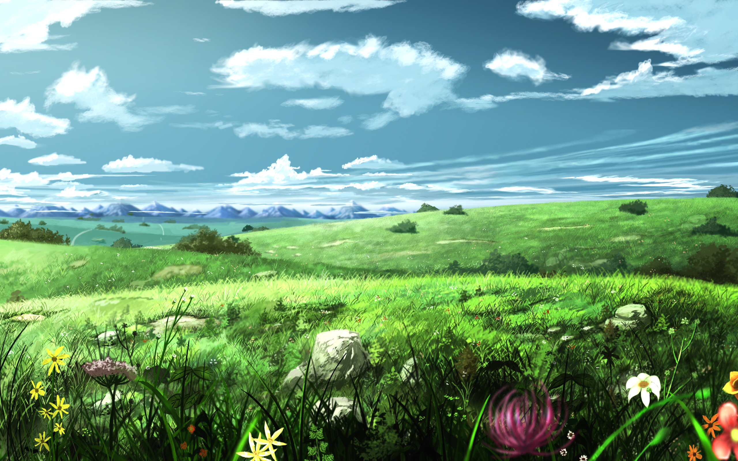 flowers, soyokaze, the sky, art, meadow, painting, landscape, ,,,,,,,,,, ,,