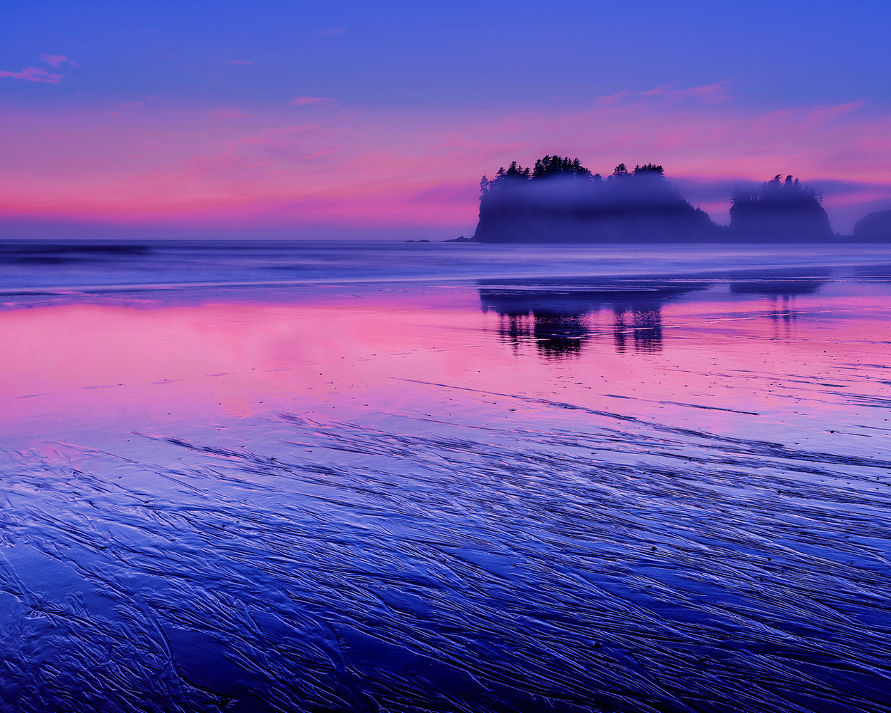 reflection, shore, washington, pink, the evening, water, blue, clouds, the sky, rocks, sunset, the pacific ocean, usa