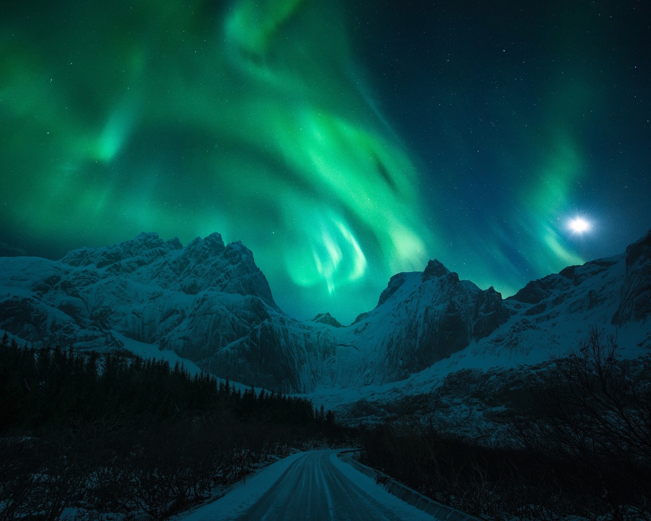 light, snow, mountains, winter, northern lights, road, the moon, night