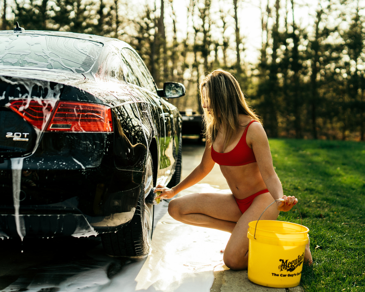 women, car washes, blonde, women with cars, women outdoors, belly, swimwear, brunette, grass, trees, red nails, red tops, bucket, soap, kneeling