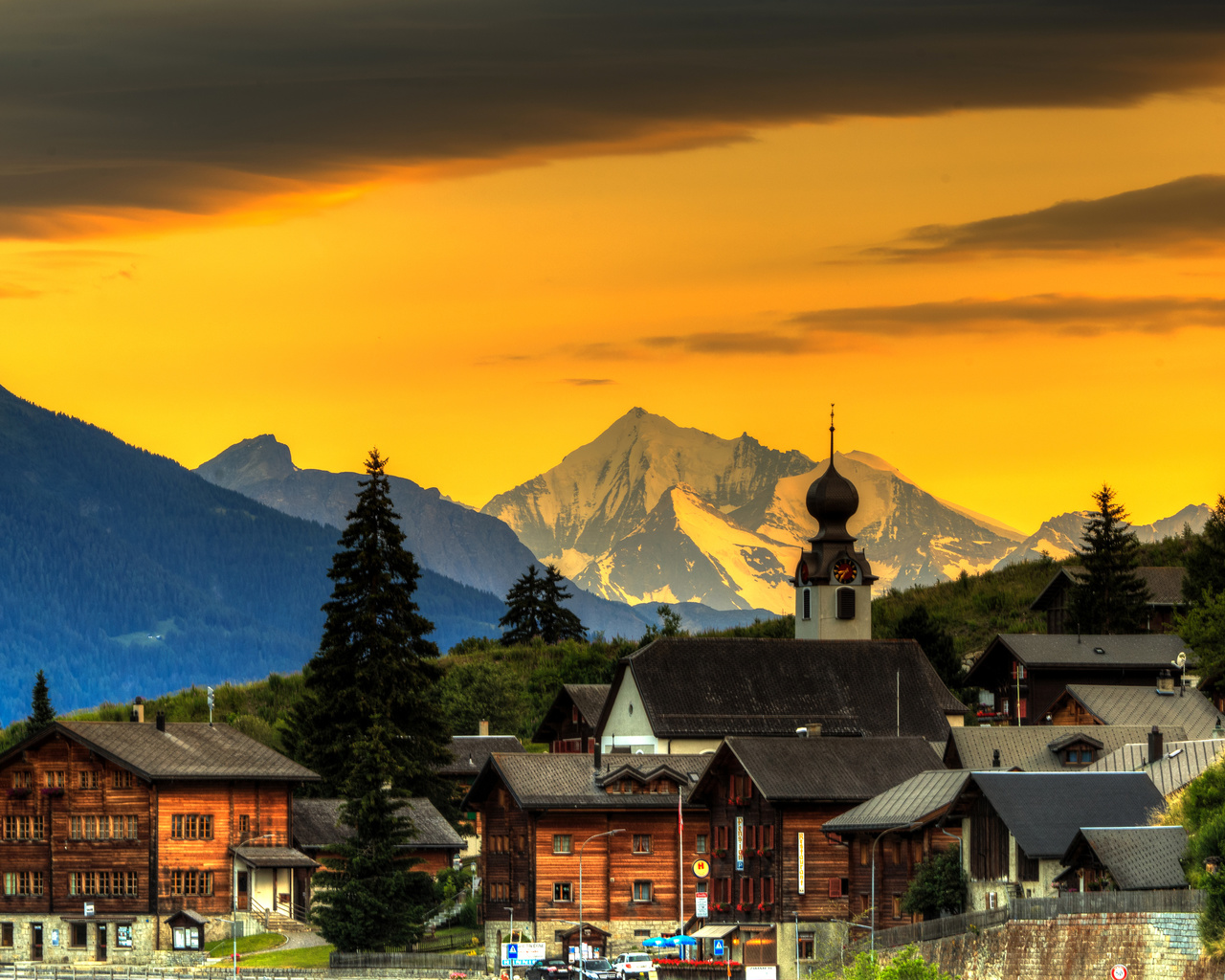 switzerland, mountains, glow, blitzingen, house, trees, goms, sky, forest