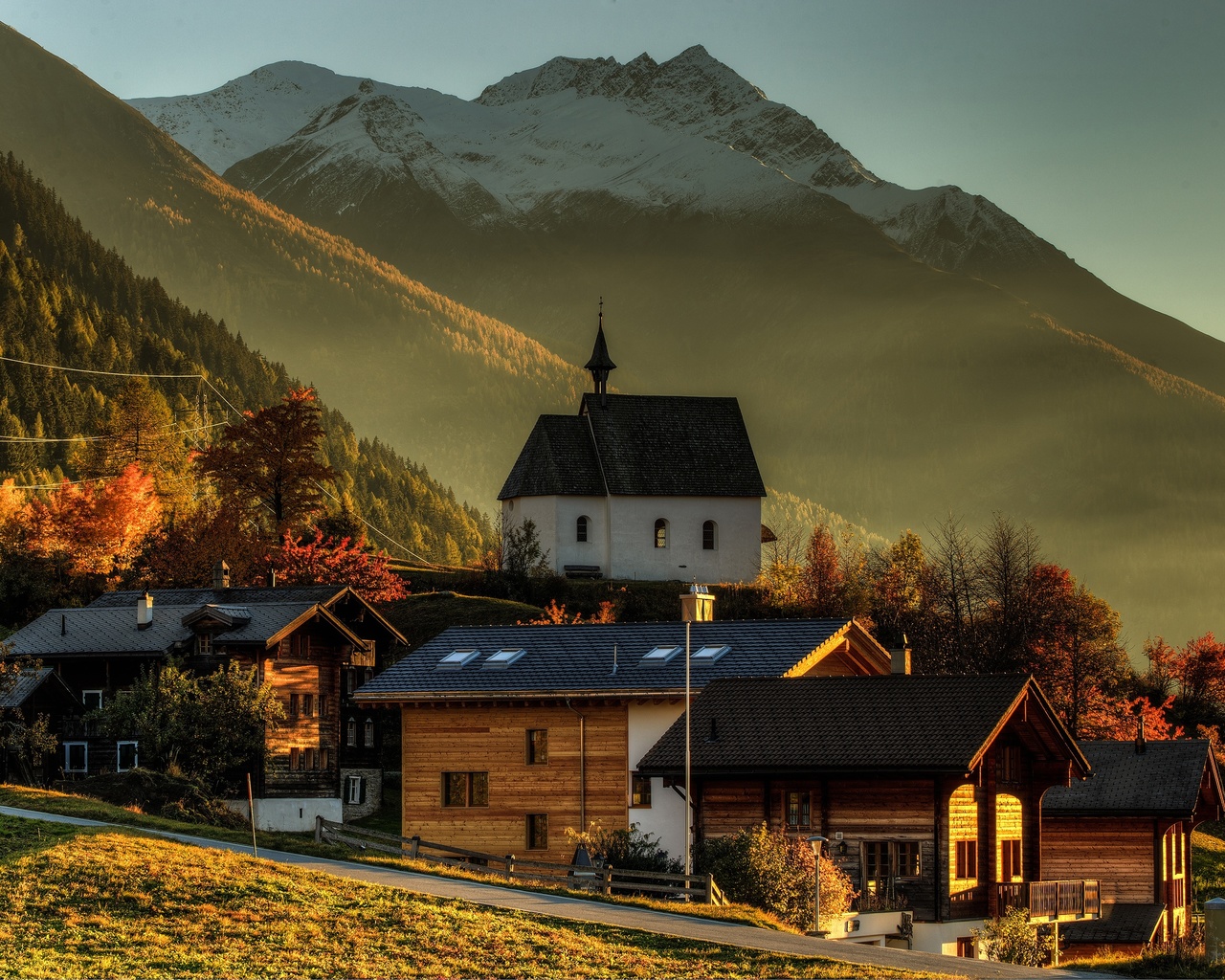 forest, autumn, sky, sun, wallis, goms, stone house, trees, mountains, switzerland