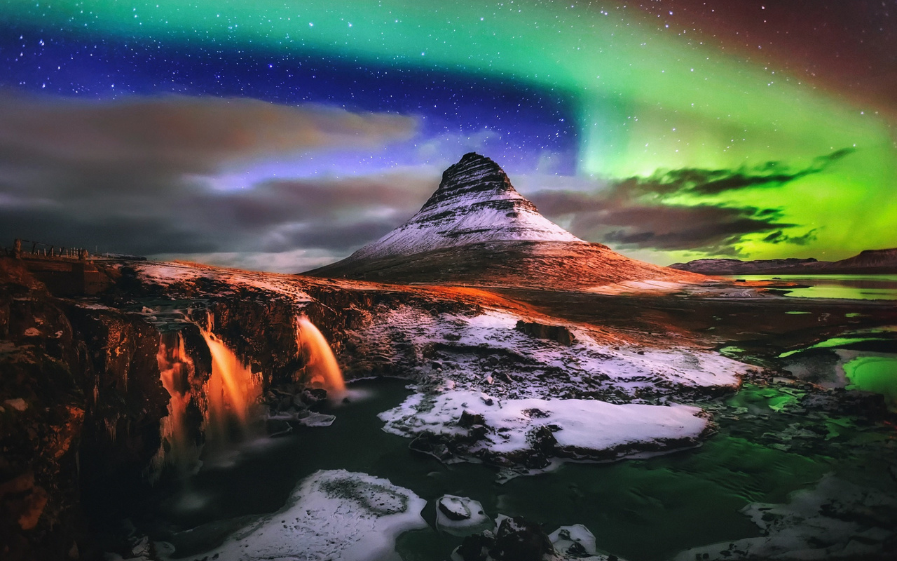 waterfalls, northern lights, iceland, night, light, mountain kirkjufell