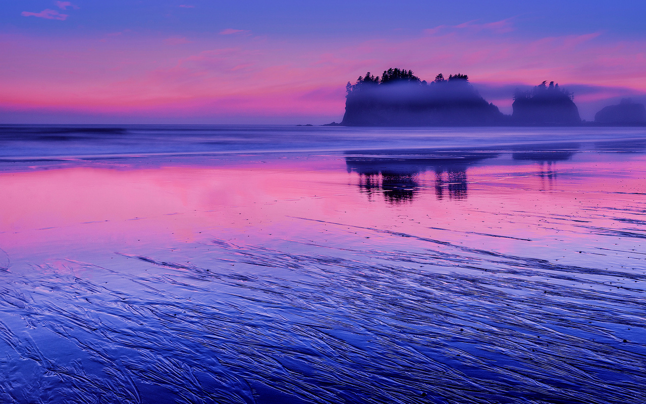 reflection, shore, washington, pink, the evening, water, blue, clouds, the sky, rocks, sunset, the pacific ocean, usa