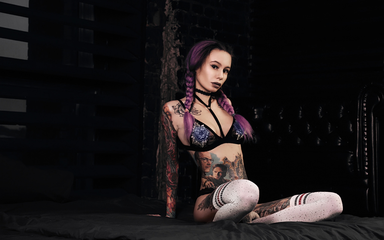 women, choker, black lingerie, white stockings, pigtails, purple hair, belly, sitting, tattoo, dyed hair, eyeliner, nose ring, in bed, pillow