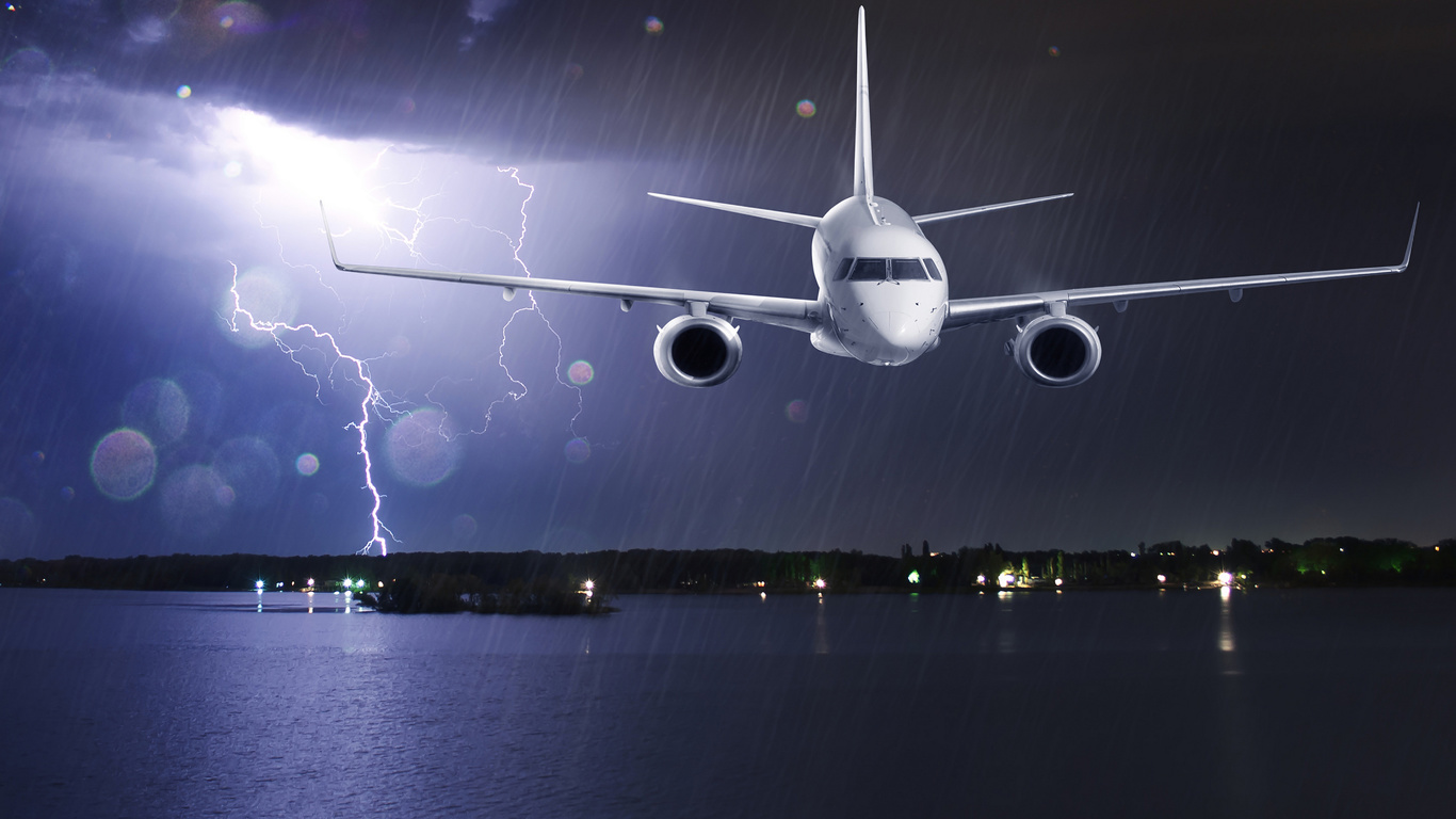 passenger, clouds, lightning, airplane, liner, shore, rain, lights, storm, sea, flight, night, glare