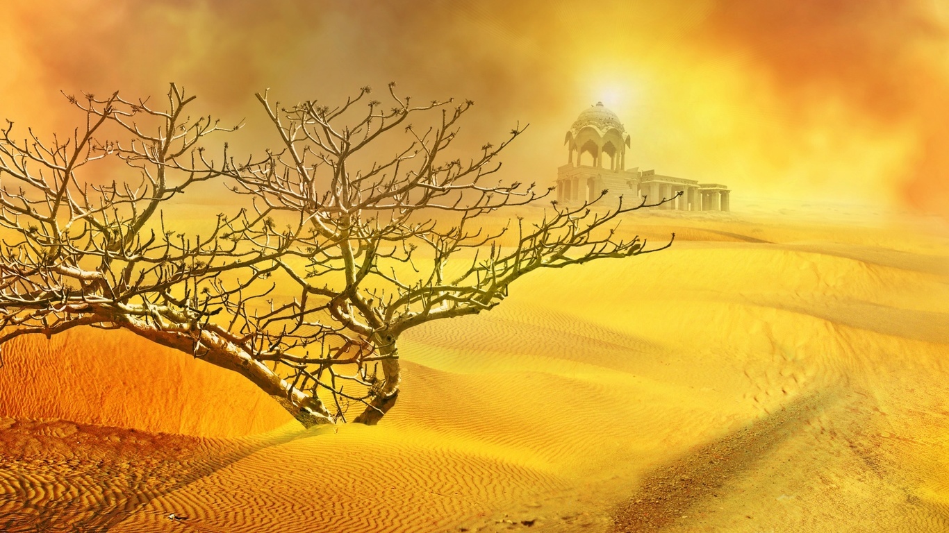 sand, desert, sun, bush, sand storm, temple