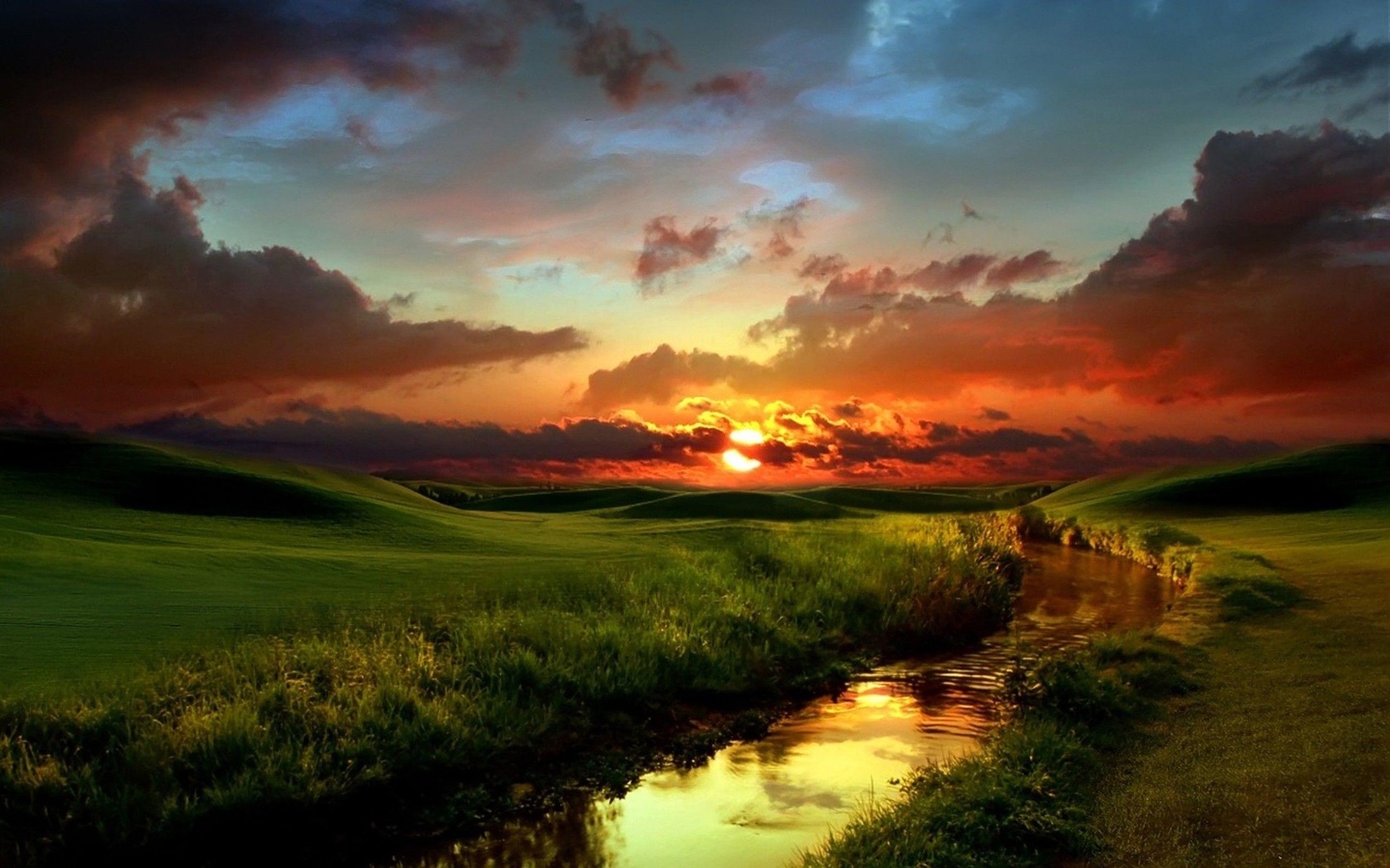landscape, the sun, wallpaper, grass, river, clouds