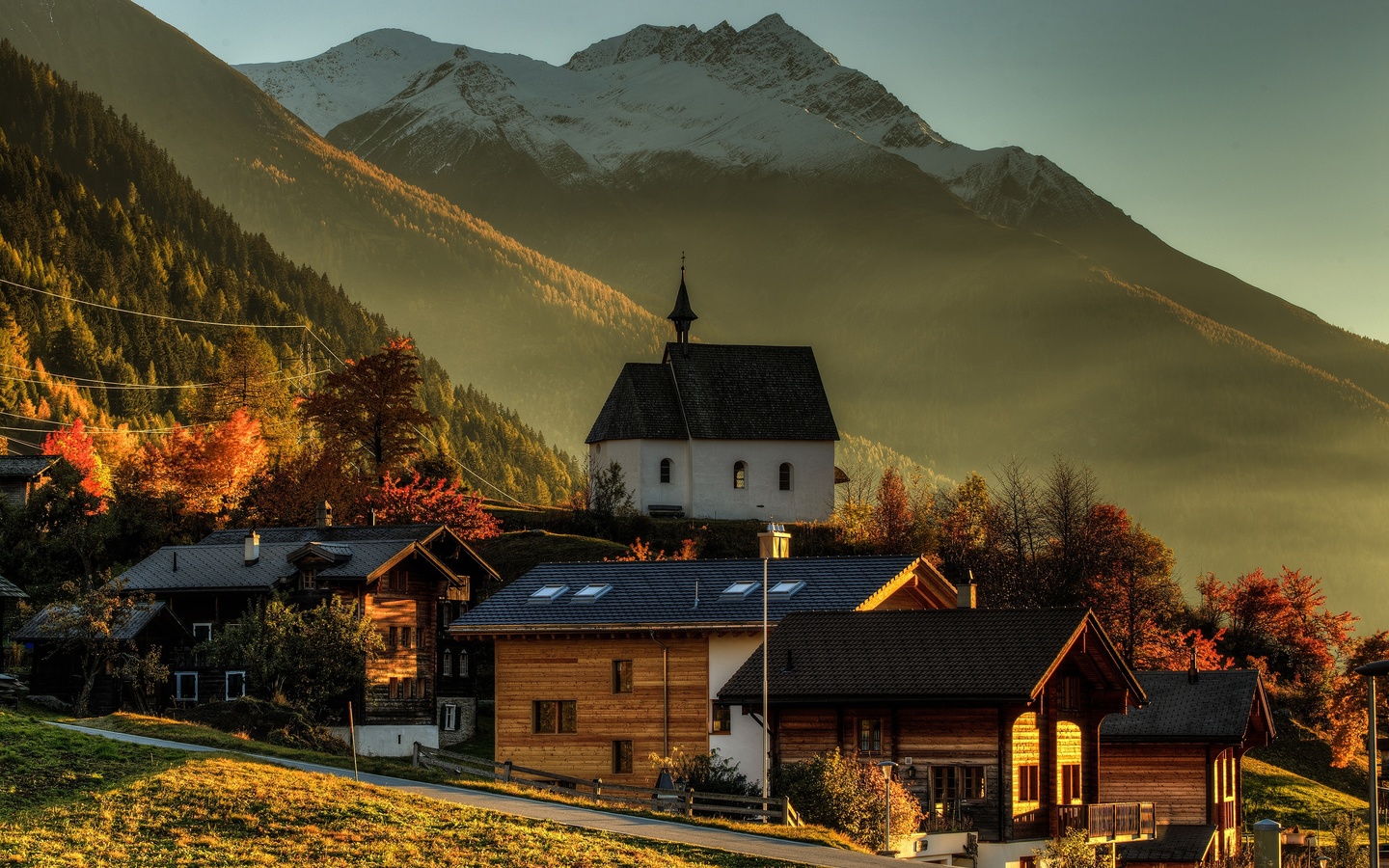 forest, autumn, sky, sun, wallis, goms, stone house, trees, mountains, switzerland