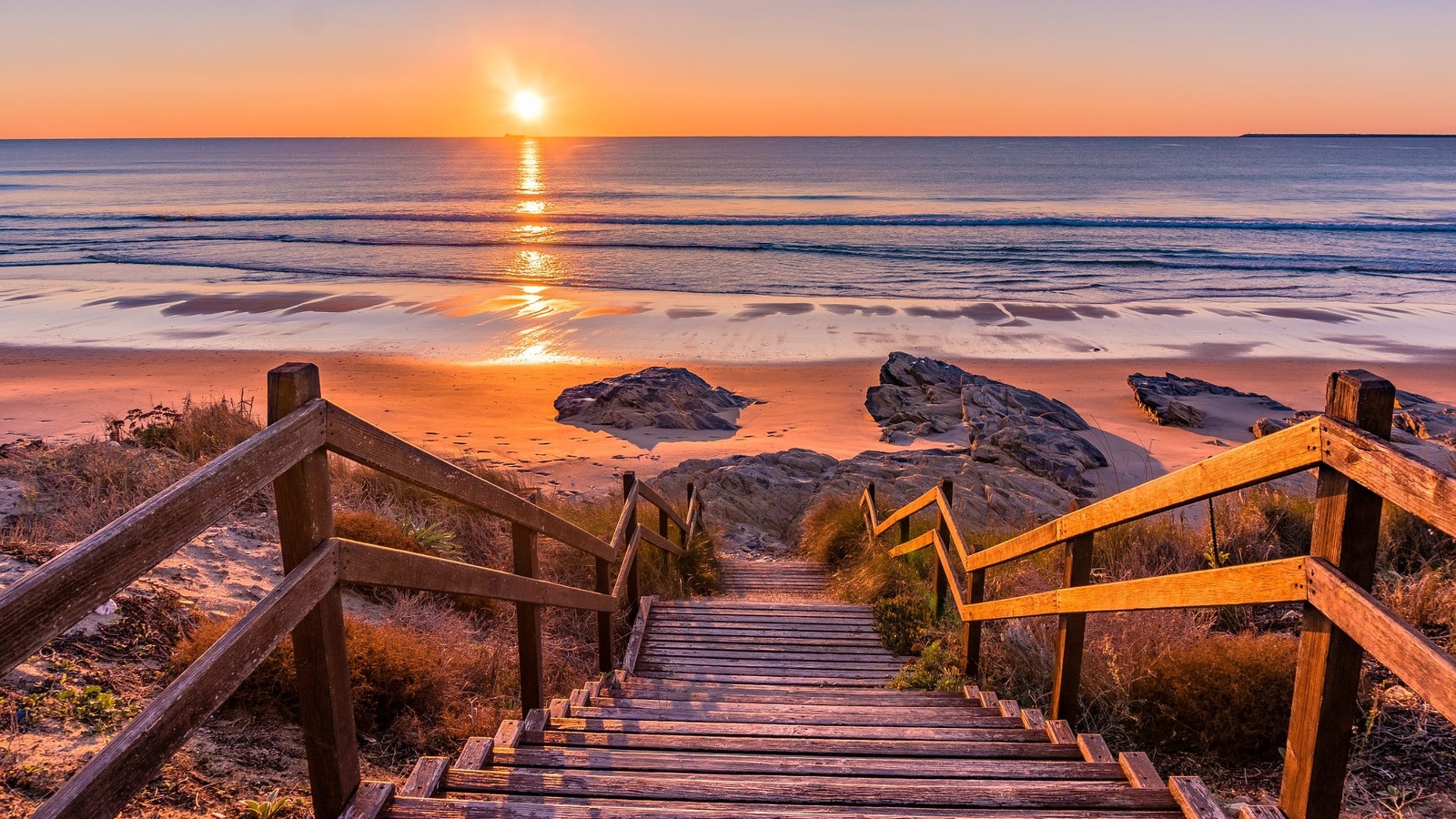 ladder, horizon, sea shore, sunset