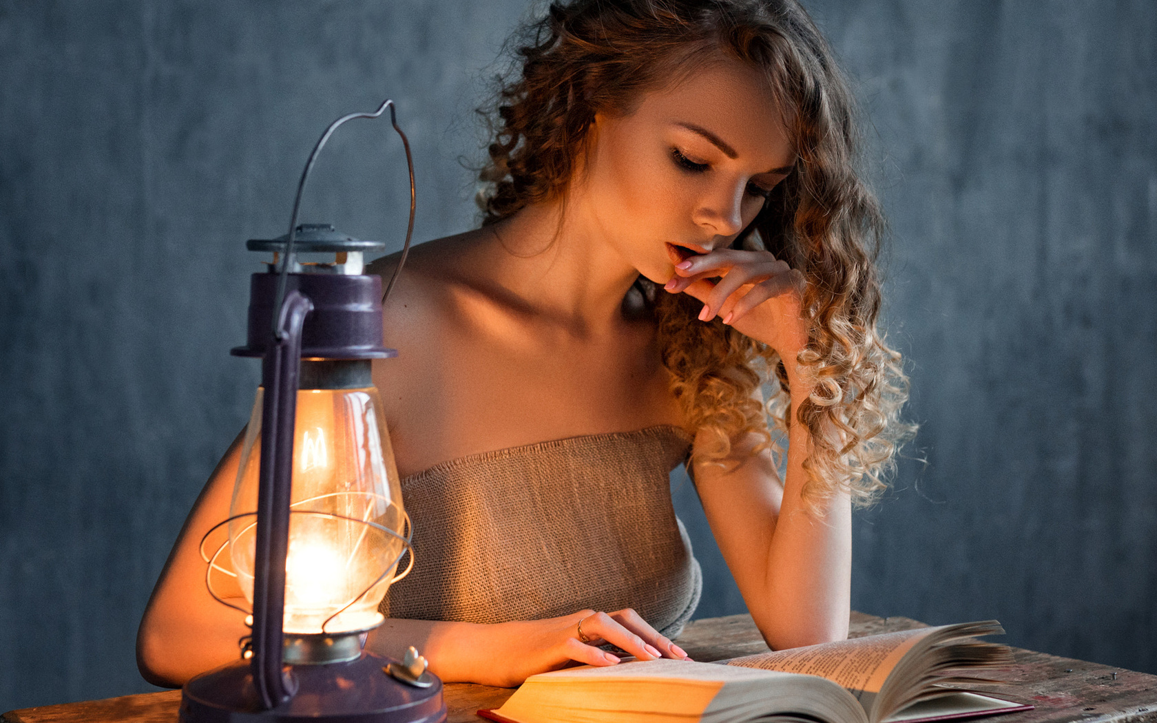 women, blonde, books, table, pink nails, gas lamps, curly hair, portrait, 