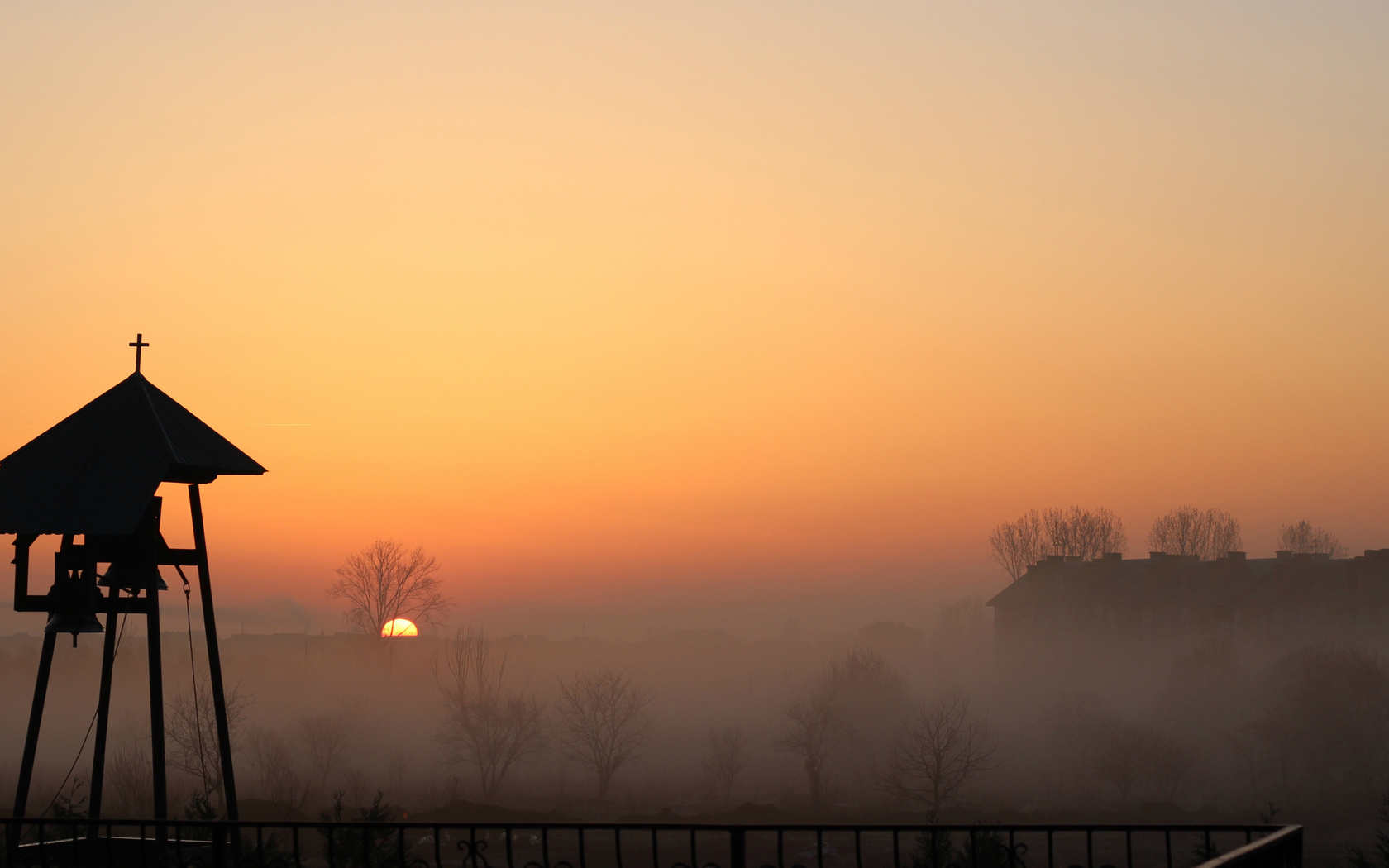 bart, ,  , , , , , , , , , , , sunrise, morning, fog, city, bell, church, bell tower, sun, horizon, trees, fence, , , , , , , , 