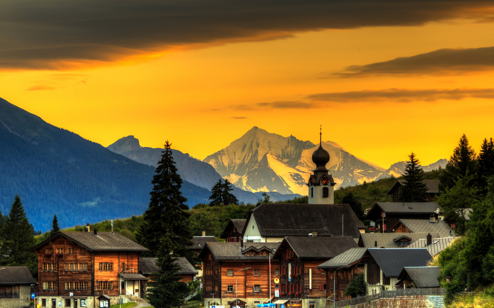 switzerland, mountains, glow, blitzingen, house, trees, goms, sky, forest