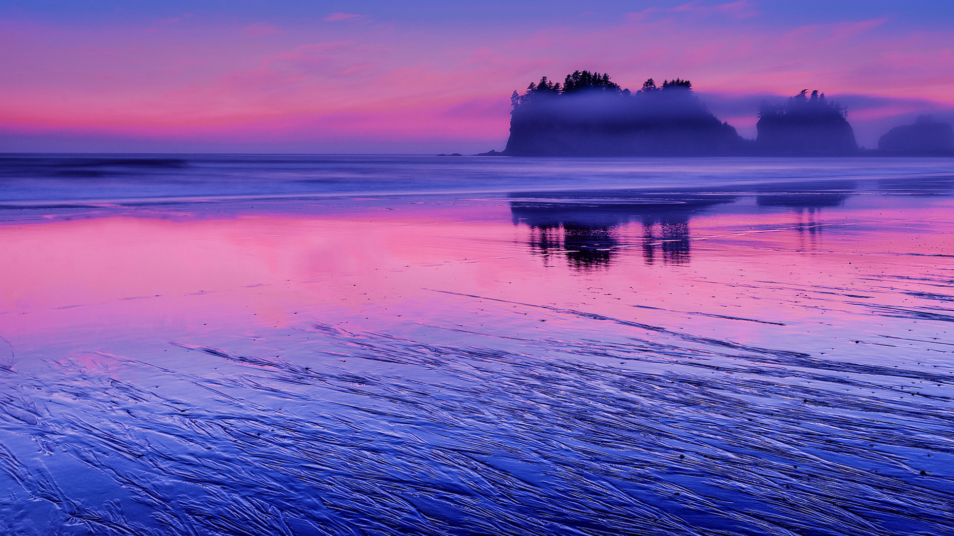 reflection, shore, washington, pink, the evening, water, blue, clouds, the sky, rocks, sunset, the pacific ocean, usa