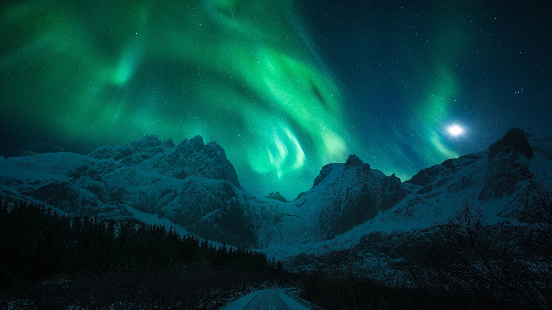 light, snow, mountains, winter, northern lights, road, the moon, night