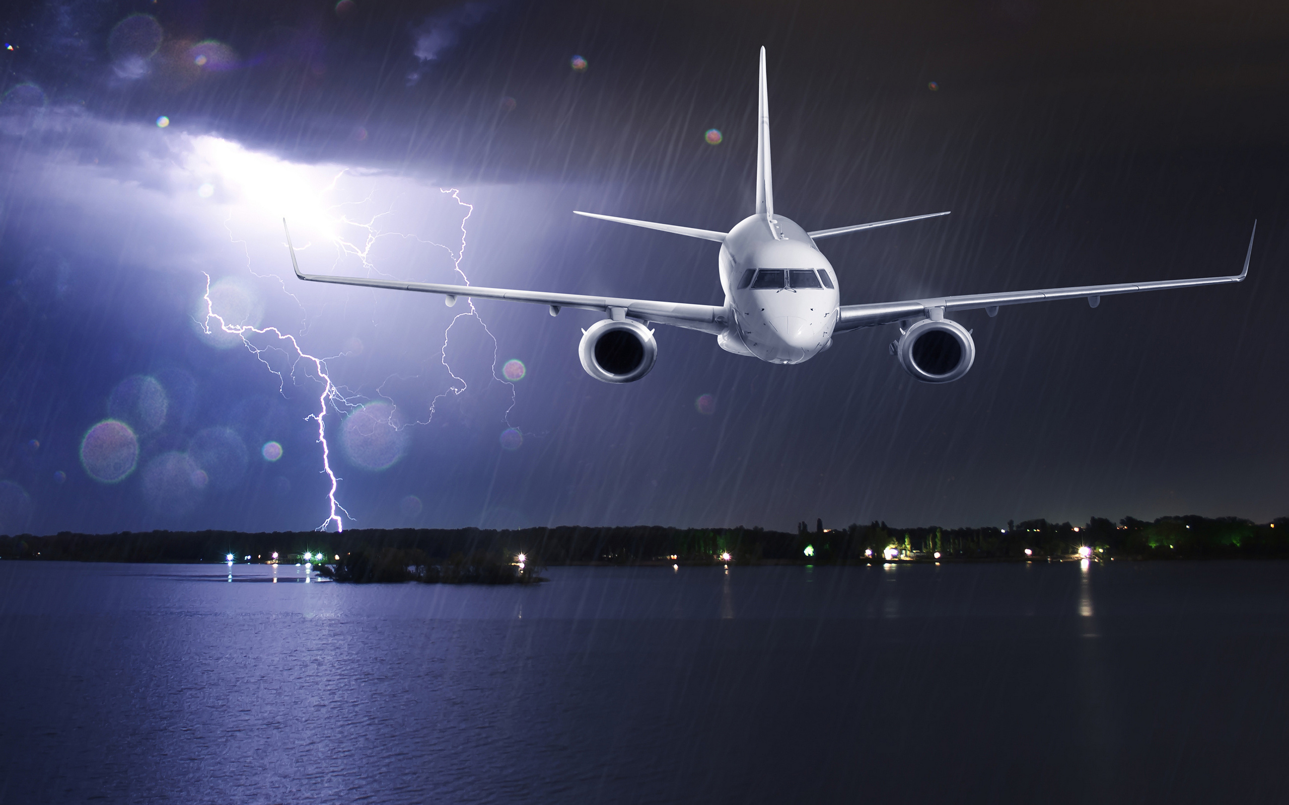 passenger, clouds, lightning, airplane, liner, shore, rain, lights, storm, sea, flight, night, glare