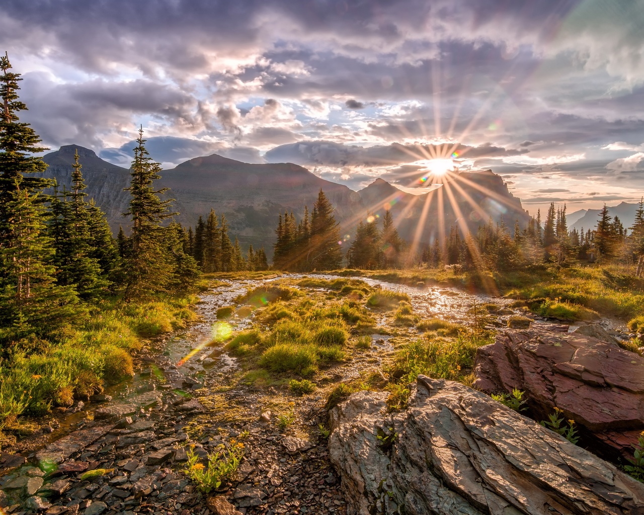 glacier, national park, mountains, trees, stones, sun rays, autumn