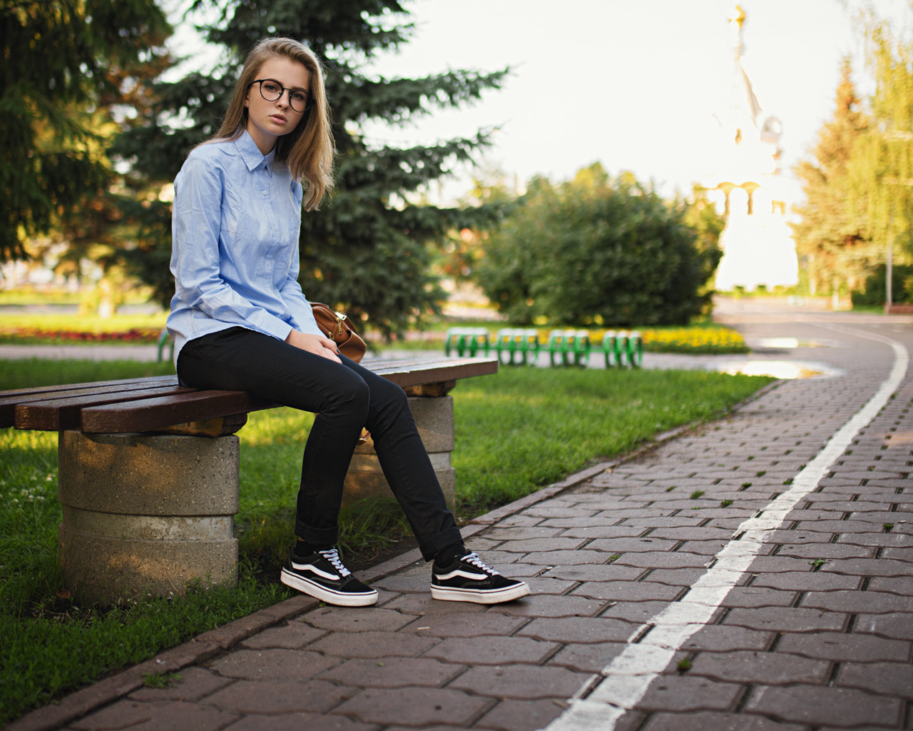 kseniya koval, women, benchs, neakers, sergey fat, jeans, women outdoors, women with glasses, shirt, park, sitting