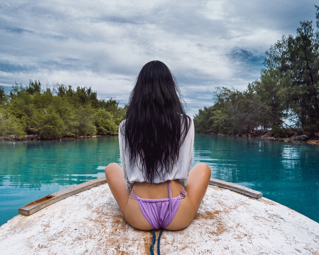 women, back, tanned, sitting, ass, boat, swimwear, river, long hair, trees, women outdoors, sky, clouds