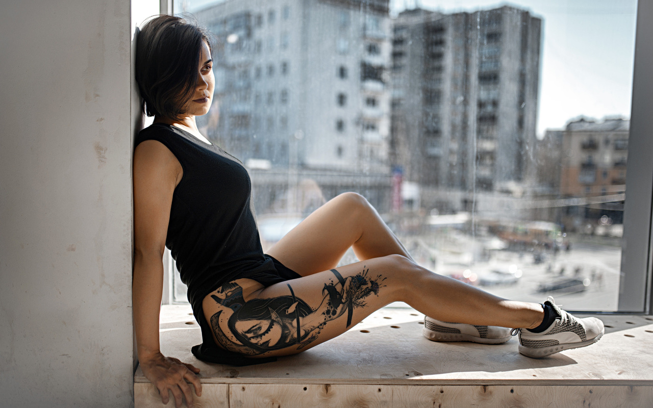 women, tattoo, sitting, brunette, sneakers, window sill, black dress, portrait