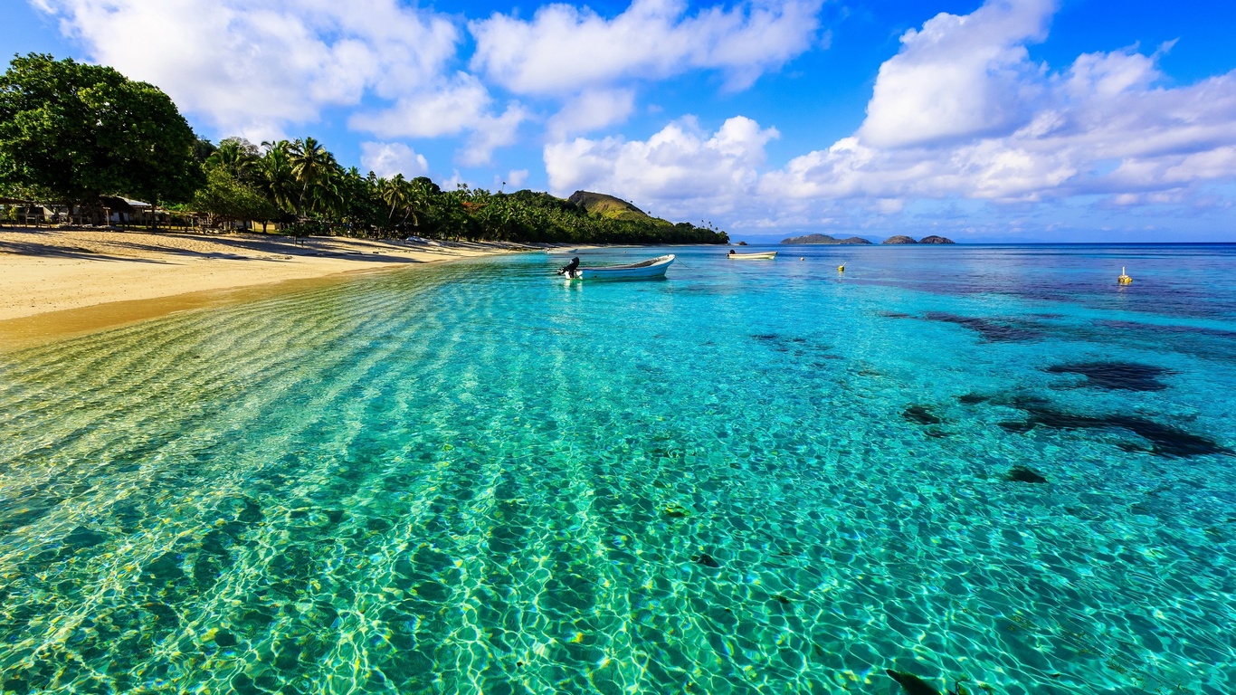 palm trees, coast, beach, sand, sea, boats, tropics.the sun, the sky, horizon, clouds